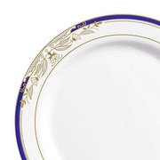 Smarty Had A Party 10.25" White with Blue and Gold Harmony Rim Plastic Dinner Plates (120 Plates), 120PK 600-CASE